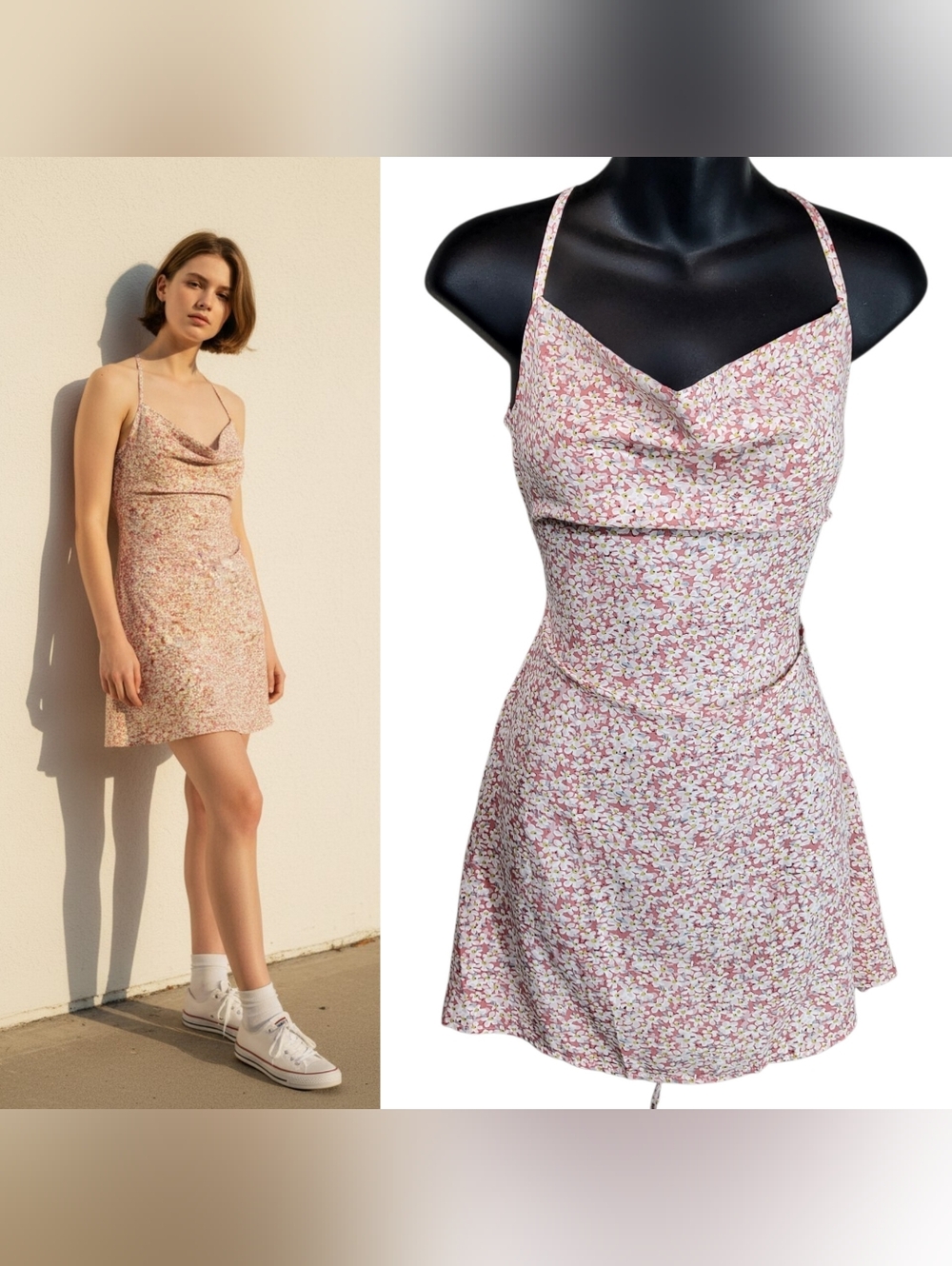 Floral Cowl Neck Pink Mini Dress Backless Lace-Up Soft- Girl Coquette Size M/S